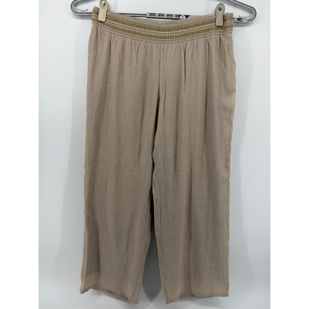JM Collection Womens 2X Tan Wide Leg‎ Pants Gold Embroidered Elastic Waist Boho